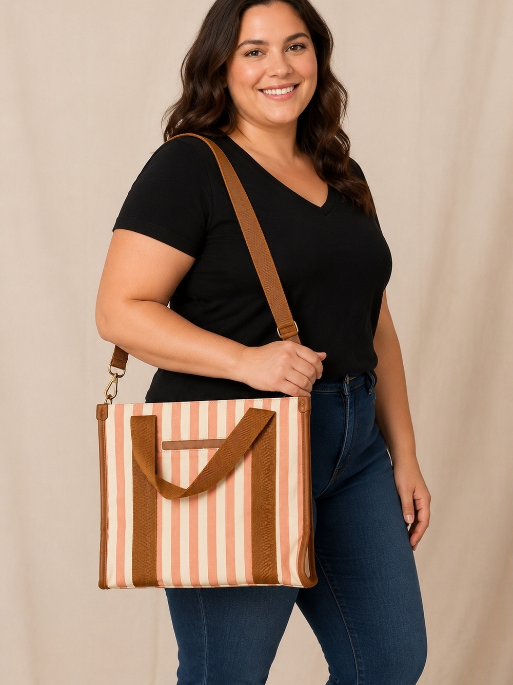 Striped Canvas Tote Bag from Thirty One in Pale Peach and White